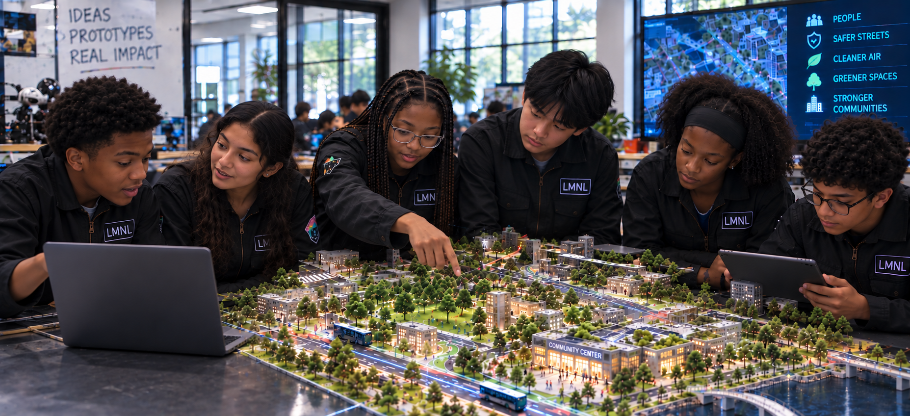 Students collaborating on a model community at LMNL