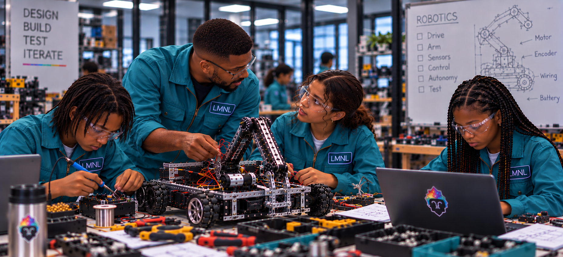 Students and an instructor building a robot at LMNL
